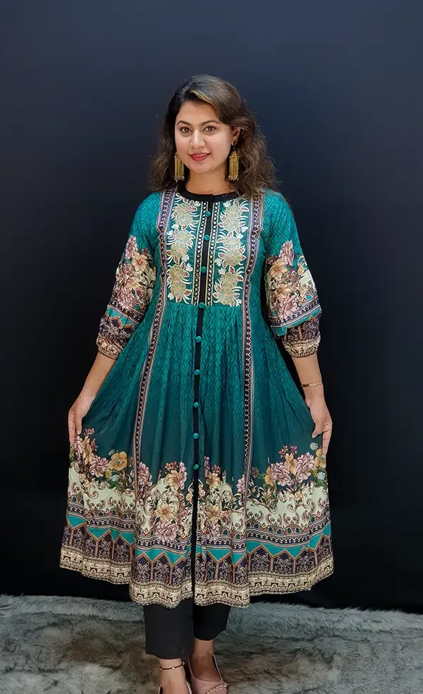 Stylish Traditional Kurti with Floral Print and Mirror Work