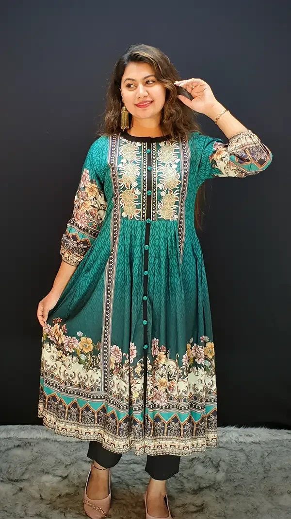 Stylish Traditional Kurti with Floral Print and Mirror Work