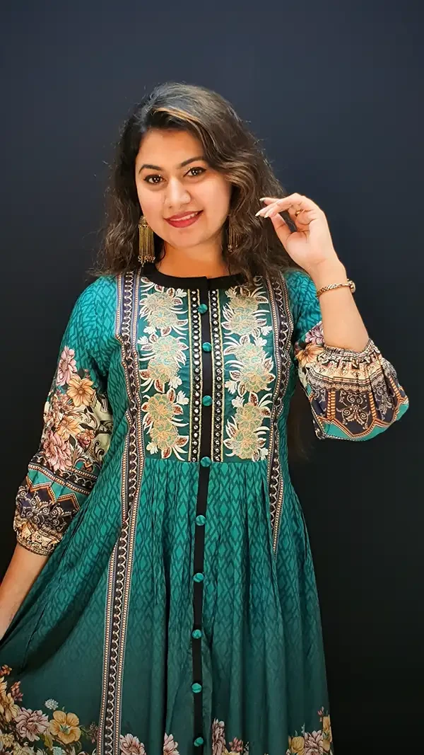 Stylish Traditional Kurti with Floral Print and Mirror Work